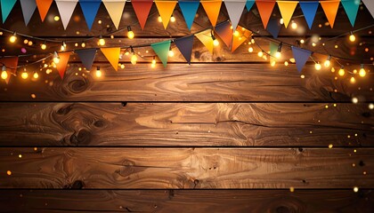 Festive wooden backdrop with string lights and colorful flags