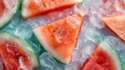 Slices of fresh watermelon on ice, offering a refreshing and cooling sensation. Perfect for summer drinks or healthy snacks.