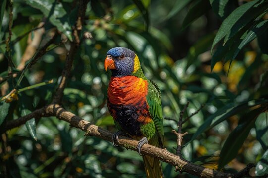 The vibrant bird flaunts a fiery yellow-orange chest, a predominantly blue-violet throat, and a collar of yellow-green hues.