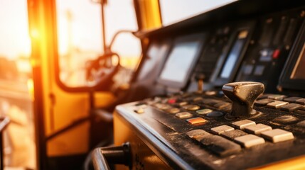 Close-up view of heavy machinery controls at sunset, showcasing operational details in a construction site