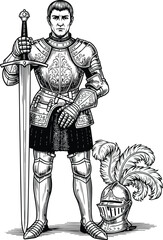 Knight: A detailed line art illustration of a medieval knight in full armor, holding a great sword with his helmet at his feet.