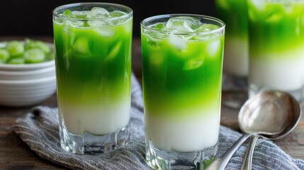 Fototapeta premium Refreshing matcha latte served in glasses on rustic wood table top angle healthy drink beverage