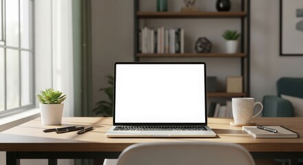 Laptop with a blank white screen sits on a wooden desk in a bright, modern home office setting.