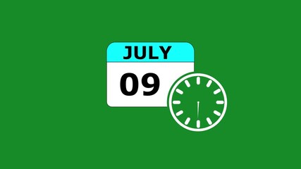 09 JULY month calendar icon with symbol. Simple calendar icon animation and date change of time month. Calendar icon Sign on GREEN background. Calendar Pendulum Animation