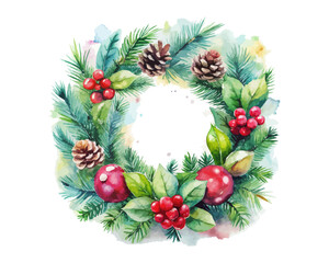 Watercolor Christmas Wreath with Pine Cones and Red Berries Isolated on White