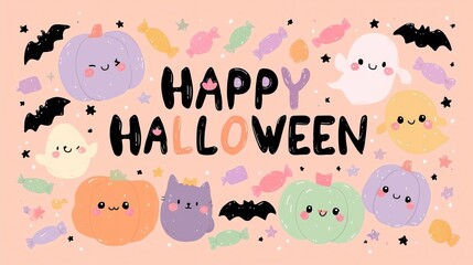Cute Kawaii Halloween Illustration with Pumpkins, Ghosts, and Candy
