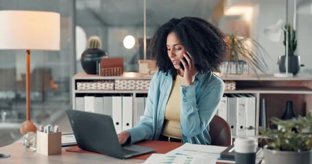 Business, woman and laptop with phone call in office for discussion, finance report and KPI review. Accountant, talk and mobile for financial planning, contact investor and chat for investment agenda - Powered by Adobe