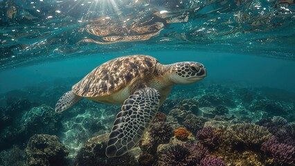 Obraz premium The stunning green sea turtle (Chelonia mydas) inhabiting vibrant coral reefs