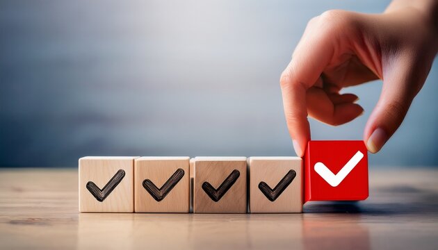 hand put down the red tick marking wooden cube for checklist or to do list