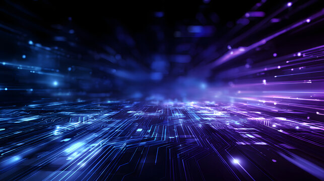 Futuristic blue and purple technology background wit abstract circuit board paterns, ideal for high-techthemes, innovation concept, and modern digital desigs