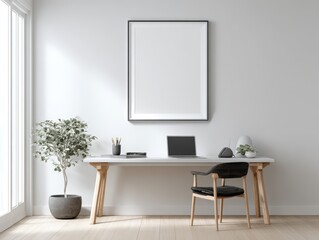 Minimalist Workspace: An airy and modern workspace with a clean desk, featuring a blank picture frame, a laptop, and a plant, creating a sense of simplicity and functionality.