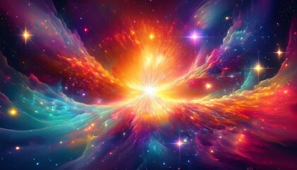 Fototapeta premium cosmic explosion of vibrant particles in outer space with radial energy waves intense colors deep shadows and stars