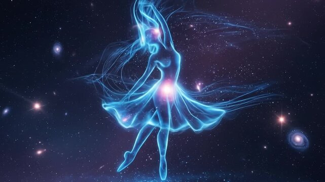 A cosmic dancer made of starlight and nebula, set against a backdrop of the universe.