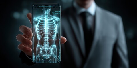 Medical technology concept. Futuristic medical scan displayed on a smartphone by a suited professional.