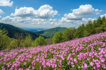 Fototapeta premium Springtime view of vibrant moss phlox fields in a lush countryside