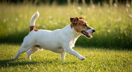 White and brown dog running on green grass, showcasing energy and playfulness, representing joy, freedom, and pet ownership