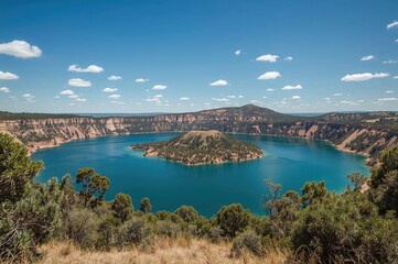 Naklejka premium A body of water nestled between a pair of inactive volcanoes
