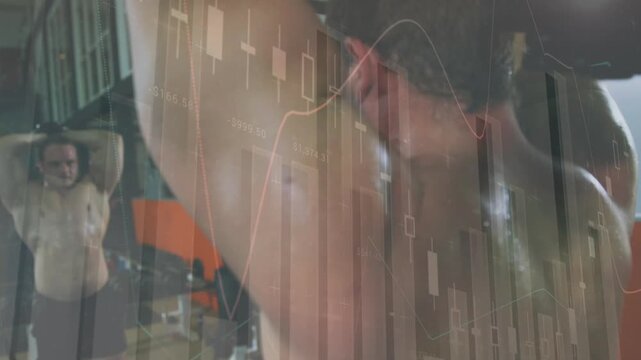 Animation of statistics and data processing over fit caucasian man exercising with weights