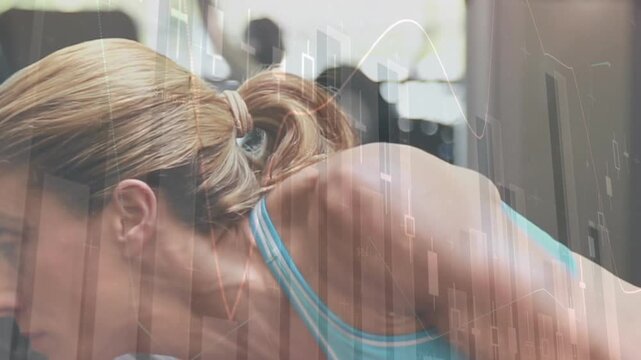 Animation of statistics and data processing over fit caucasian woman exercising