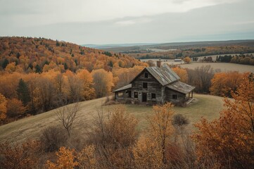 Vintage rural farmhouse perched atop a hillside during autumn, showcasing historic architecture and nature's embrace
