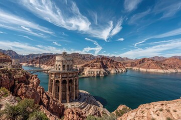 The iconic Hoover Dam spanning the Colorado River and adjacent to Lake Meade in Arizona