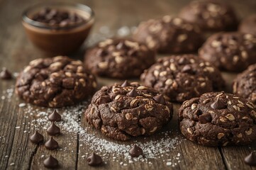Obraz premium Delicious dark chocolate oat cookies on a rustic backdrop, perfect for breakfast or dessert