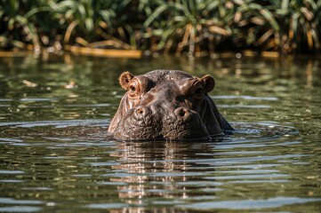 Fototapeta premium A close-up of a hippopotamus peering from the water surface.