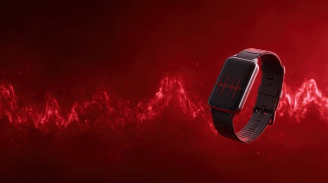 Medical technology concept. Smartwatch on a red background with dynamic sound wave graphics.