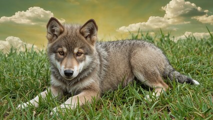Naklejka premium Juvenile gray wolf pup resting in lush green vegetation.