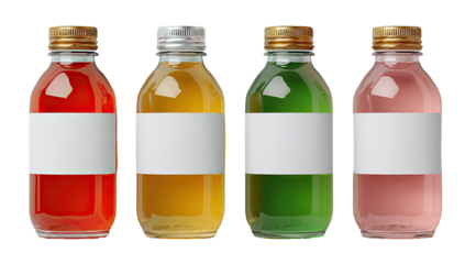 Four clear glass bottles, each with a blank white label, in varying colors of red, yellow, green, and pink.  Gold colored caps