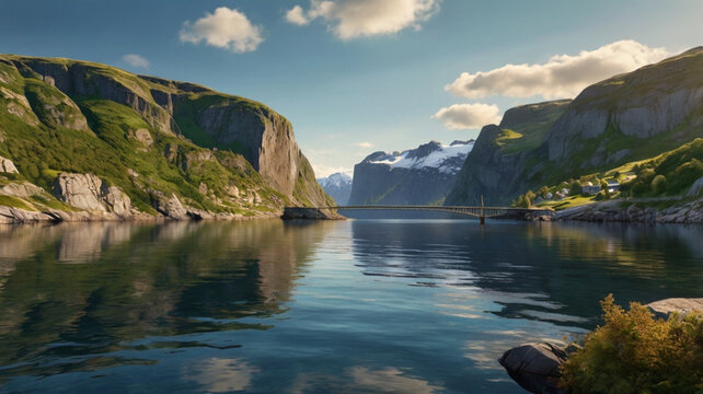Panoramic View of Fjord with Modern Bridge and Sunlit Cliffs - Powered by Adobe