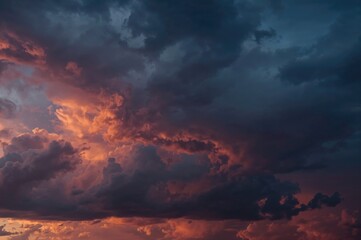 Sunset at dusk with panoramic view and dramatic storm clouds under a somber sky