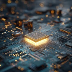 Glowing Microchip on Circuit Board Close Up Abstract Technology Concept High Angle Artificial Intelligence