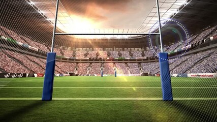 Animation of circular scanner and communication network over rugby stadium pitch - Powered by Adobe