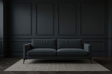 Living room decorated in shades of gray and black with a minimalist style, featuring a graphite sofa accented with beige herringbone pattern, empty and somber ambiance.