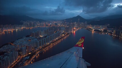 Cityscape aerial view at night from airplane