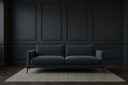 Living room decorated in shades of gray and black with a minimalist style, featuring a graphite sofa accented with beige herringbone pattern, empty and somber ambiance.