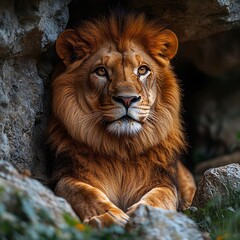 Obraz premium Majestic lion resting within a rocky ledge observed in a stunning photo