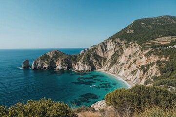 Fototapeta premium Stunning wide-angle scenery of ocean and rocky cliffs, mountainous terrain by the shore, coastal exploration and natural backdrop, design, surface, aquatic, shoreline, warm season, adventure,