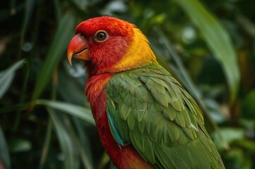 Obraz premium The vibrant lory features a crimson torso with a golden spot on its back, green wings and thighs, and yellow wing coverts.