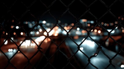 Cityscape night highway through fence