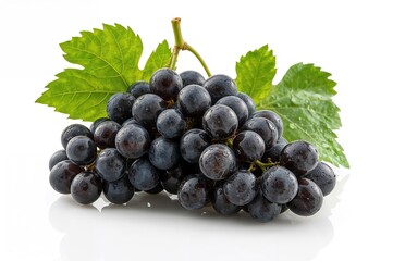 Fototapeta premium Cluster of dark grapes with foliage set against a white backdrop