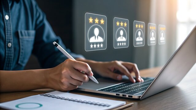 A person is using a laptop for online customer reviews, showcasing feedback, satisfaction, and service quality ratings for business reputation and product performance evaluation