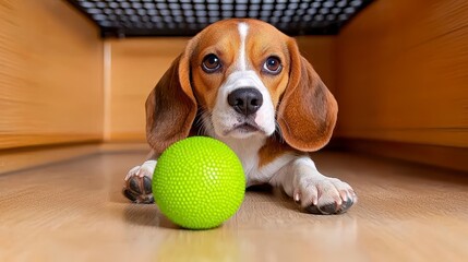 A joyful beagle dog runs and plays in a sunny garden, enjoying fetch with a ball on a beautiful summer day.