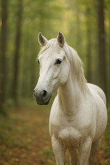 Obraz premium Portrait of a beautiful white stallion with a flowing mane in a tranquil woodland setting with a soft, blurred background