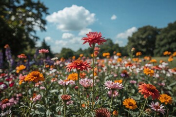 Top garden scene with flowers in summer nature, green and blue, stunning bloom