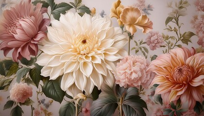 a timeless vintage wallpaper design showcasing classic floral prints of dahlias and hibiscus the intricate floral details are depicted in soft vintage colors with a subtly aged background © Emily