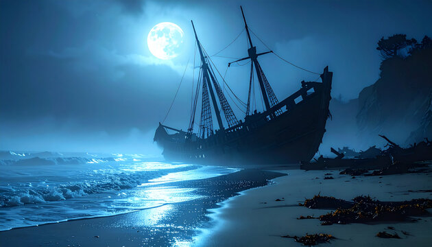 Moonlit beach scene with a shipwrecked vessel, gentle waves, and dramatic coastline. Somber and mysterious aesthetic.