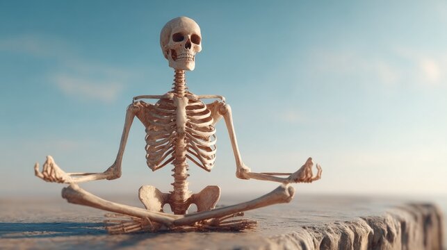 Meditating skeleton on a mountain cliff at sunset promoting peace and mindfulness