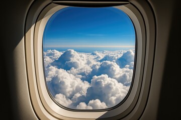Aerial cloudscape view from commercial aircraft window showing fluffy white clouds below